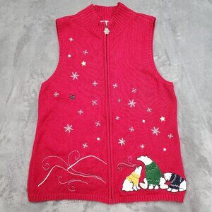 Christopher & Banks Red Christmas Sweater Vest Full Zip Womens 1X Polar Bears